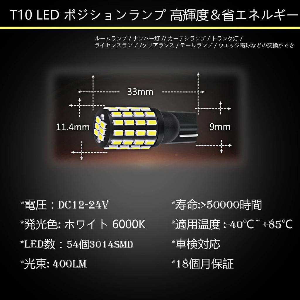 TORIBIO T10 LED Super Bright Position 54 LEDs White Wedge Vehicle Inspection Set of 2 Lamps, (3014 LEDs), 50,000-Hour Lifespan, DC12V-24V, Bulbs,