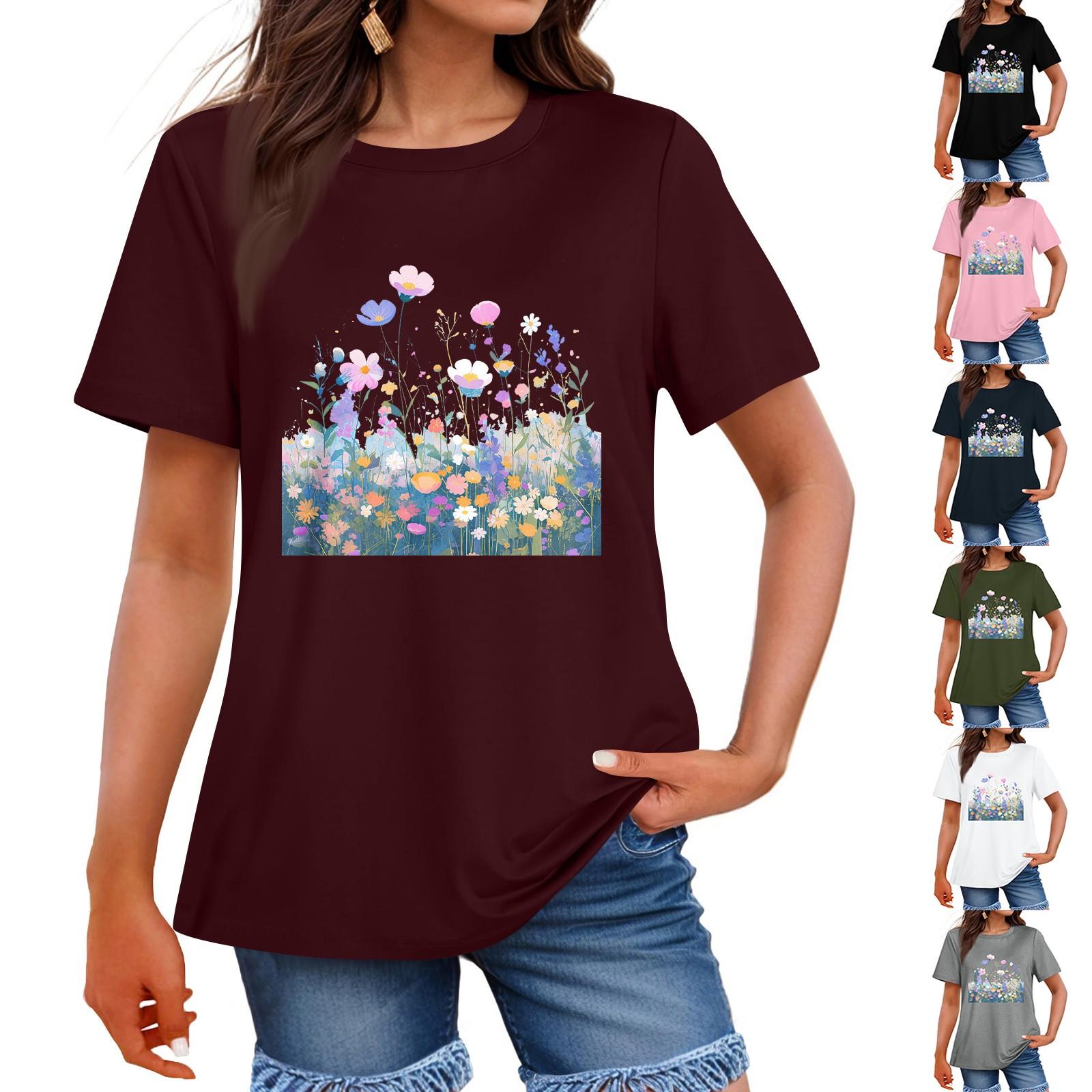 

Ladies Loose Comfortable Casual Fashionable Plant Flower Printed Round Neck Short Sleeved Shirt XL