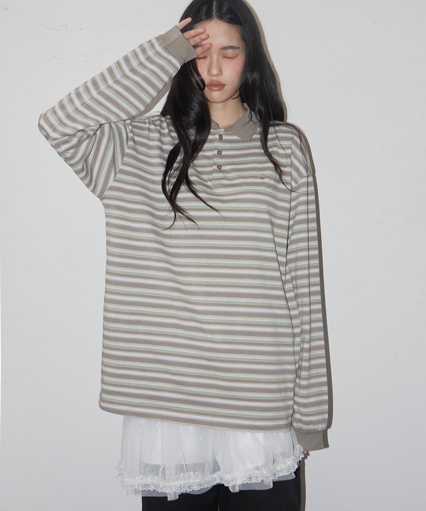 SOME PLACE Striped Multi-Stripe Oversized Long Sleeve Collared T-Shirt _2 Colors