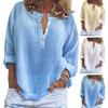 Women Shirt V-Neck Long Sleeve Loose Fit Solid Color Blouse Buttons Half