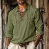 Autunno Primavera Camicia Uomo Laccio Cinturino Scollo a V Maniche Lunghe Colore Unico Pullover Ampia Vintage Casual