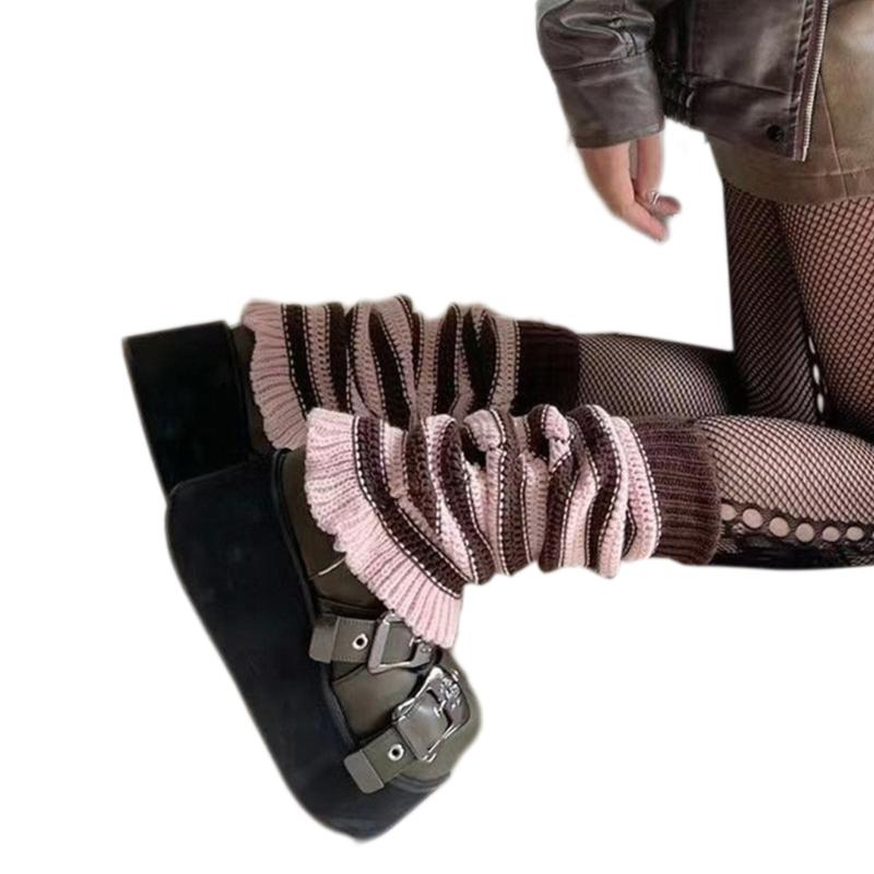 Girls Lolitas Leg Warmers Y2K Stripe Knitted Flared Leg Sleeves Goth Baggy Cuff Ankle Heap Socks JK Uniform Foot Cover