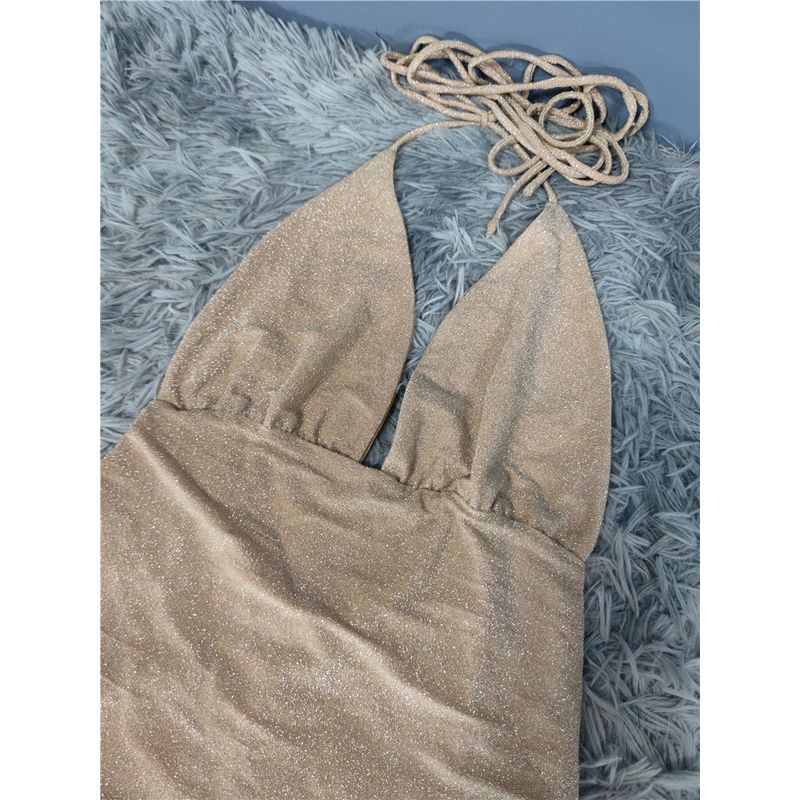 Foreign Trade Order Bright Silk Shiny Strap Large Backless Design Miumiu Bag Hip Pig Large Intestine Tight Dress Long dress