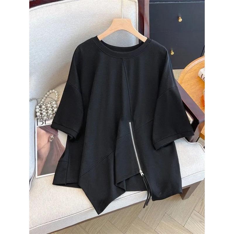 Round Neck Irregular Zipper Slit Top for Women with Summer Temperament
