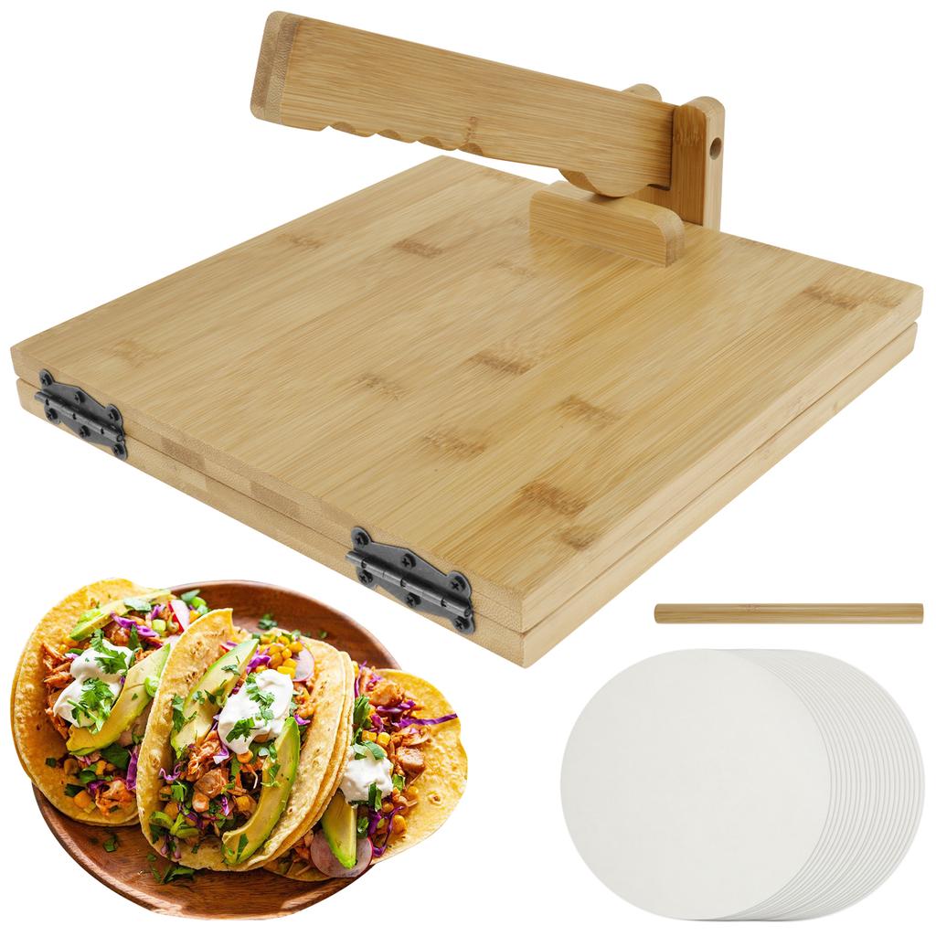 Bamboo Tortilla Presser 10 Inch Manual Square Tortilla Maker with Rolling Pin Rotatable Mexican Tortillera Dough Pressing Tool