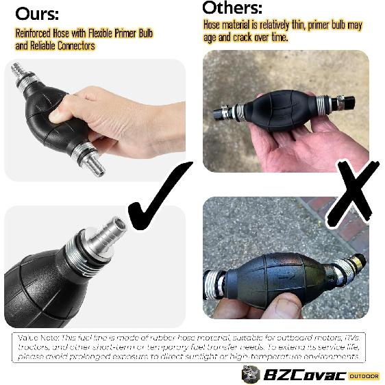 3/8" Fuel Line Assembly, 6FT Nylon Braided Marine Fuel Hose with Primer Bulb and Stainless Clamps, Universal Fuel Line Kit for Outboard Boat Motor,