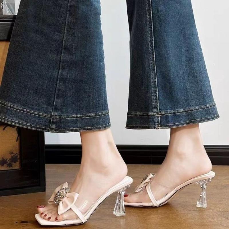 2025 New Women's Water Diamond Flower Sandals with Transparent Thick Bottom Party Dress Slippers Mules High Heels