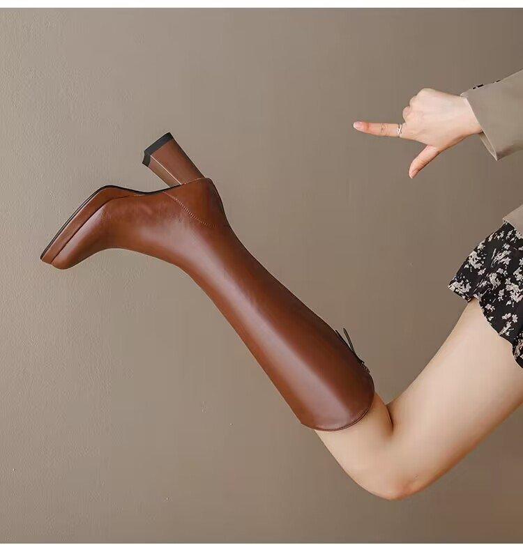 Women's Knee-high Boots Luxury Pointe Toe Leather Boots Fashion Thick Heel High Heel Boot Knight Booties Women Winter Long Boots