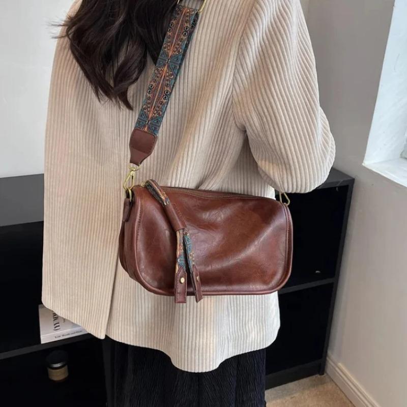 Vintage Brown Leather Cylinder Crossbody Bag with Ethnic Printed Wide Strap Retro Style Shoulder Purse for Daily & Casual Use