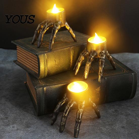 Realistic Pattern Votive Halloween Skeleton Hand Candle Light, Gothic Creepy Skull Hands Fake LED Prop for Haunted House Table Centerpiece, Entryway,
