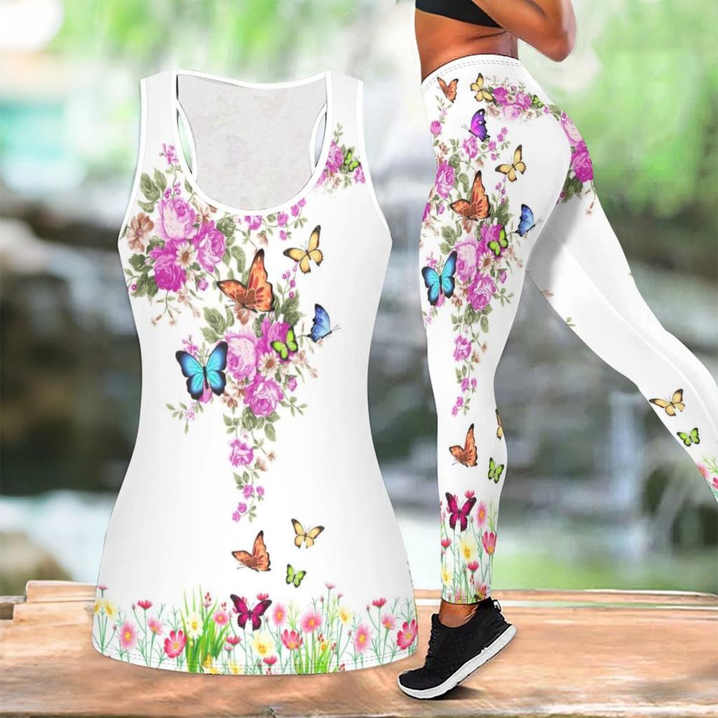 Schmetterlings-Print Yoga-Outfit für Damen Mode Trainings-Leggings Fitness Sport Lässiges Yoga-Set Sportanzug