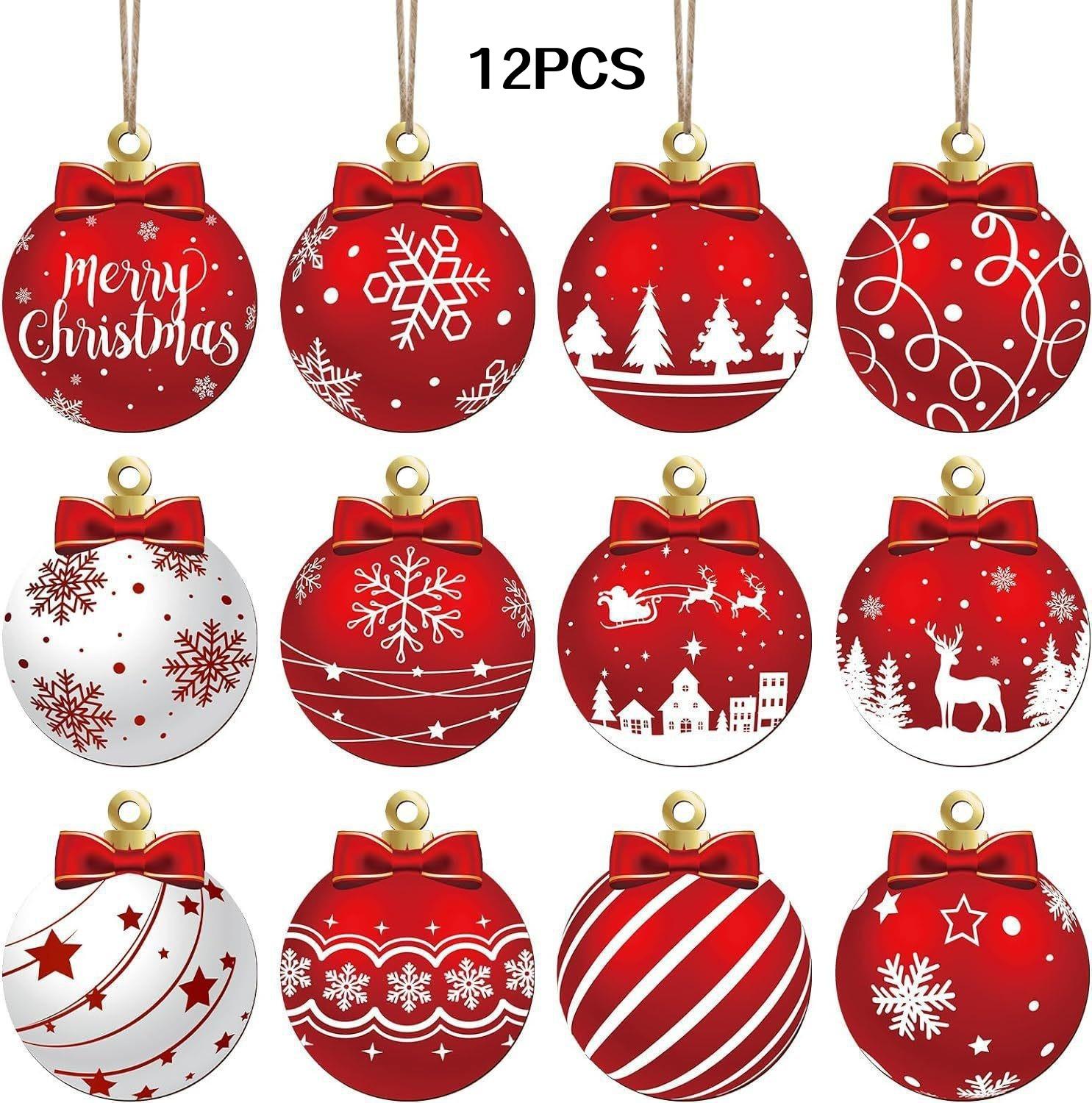 

A Set of 12 Red Christmas Decoration Ornaments, Flat Christmas Ball Decorations, Christmas Tree Hanging Decorations, Exquisite Room Decorat