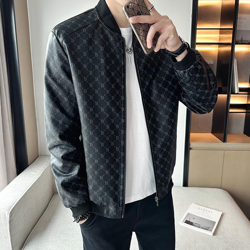 

Кожаная мужская куртка весна осень зима тренд красивая и свободная плюшевая бейсбольная воротниковая куртка с принтом кожаная куртка мотоциклетная куртка M