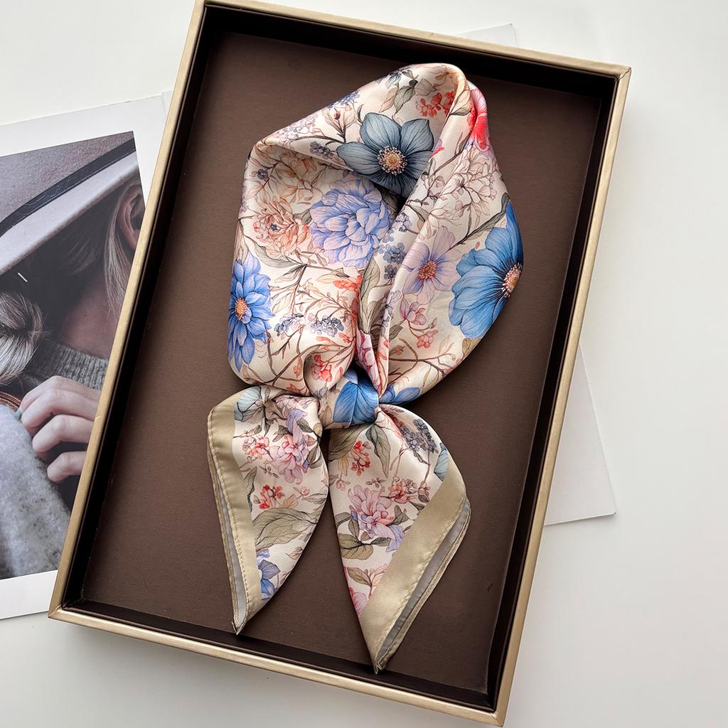 Elegant Women Square Scarf Silk Imitation Print Floral Neckerchief Bandana Foulard Lady Shawl Scarves Wrap Head Hair Band Ties