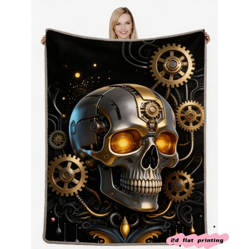 Steampunk Skull Throw Blanket Mechanical Gear Cyborg Dark Fantasy Art Graphic Blanket for Indoor Sofa Couch Bedroom Home Space