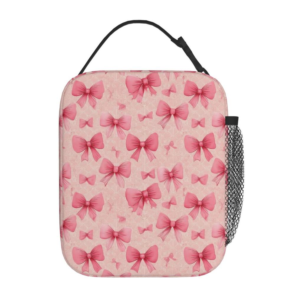 Pink Bow Pattern Insulated Lunch Bag for Women Kids Portable Food Boxes Thermal Lunch Box Tote