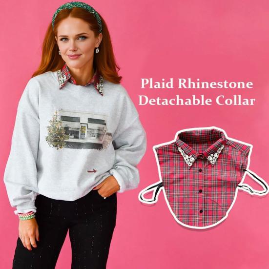 Women Plaid Fake Collar Red Blue Christmas Plaid Collar with Rhinestones Detachable False Collar for Sweater Sweatshirt Hoodie