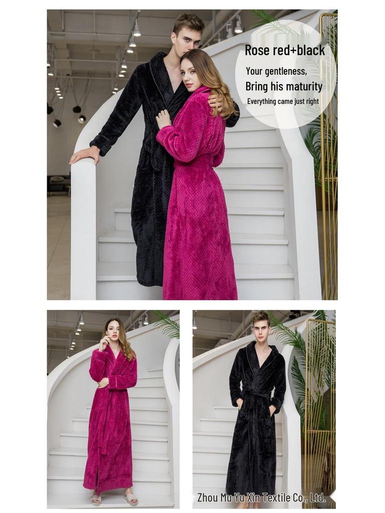 Women's and Men's Thick Flannel Morning Robe for Autumn/Winter Home Wear