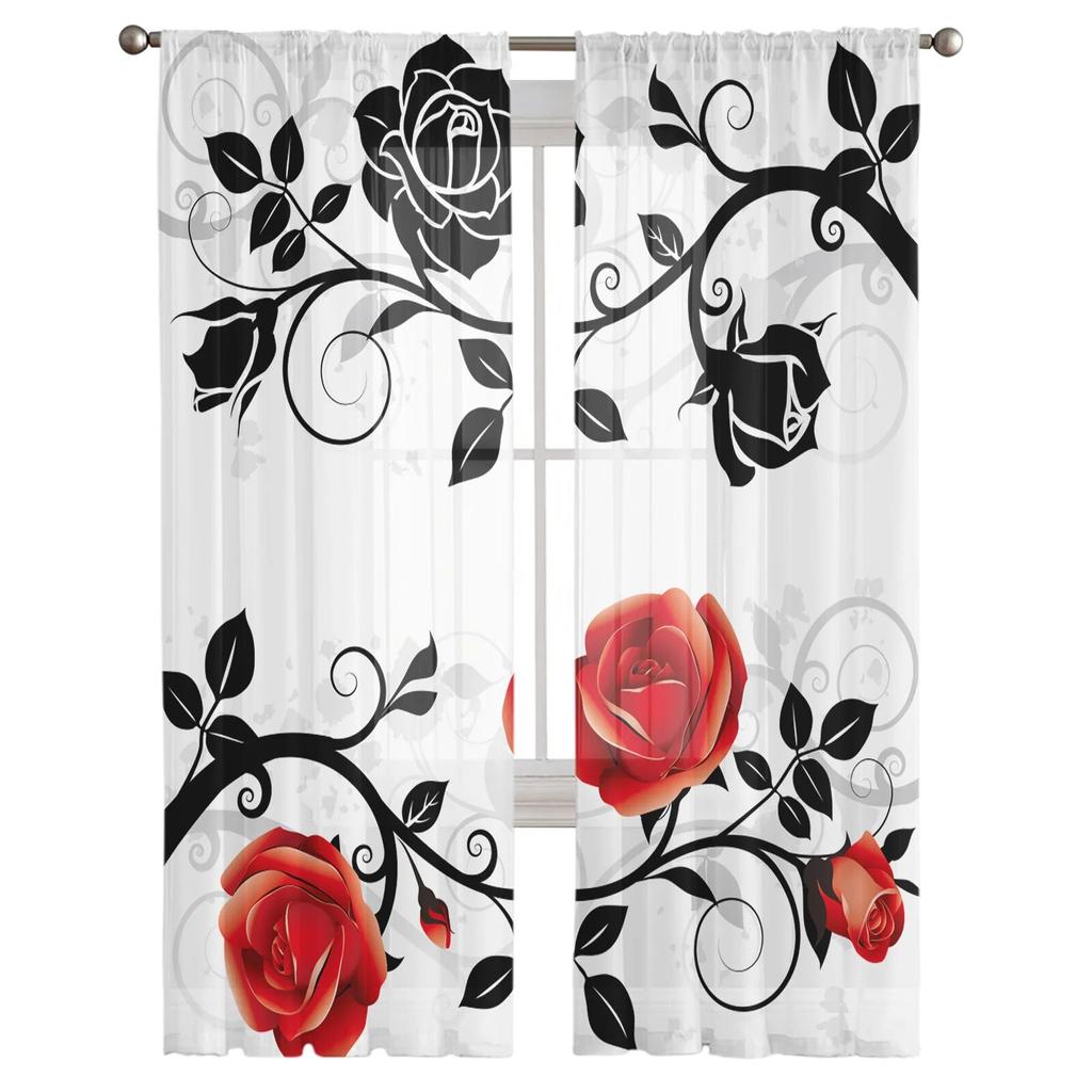 Red And Black Rose White Sheer Curtains for Girl Kids Bedroom Kitchen Window Drapes Curtain Home Decoration