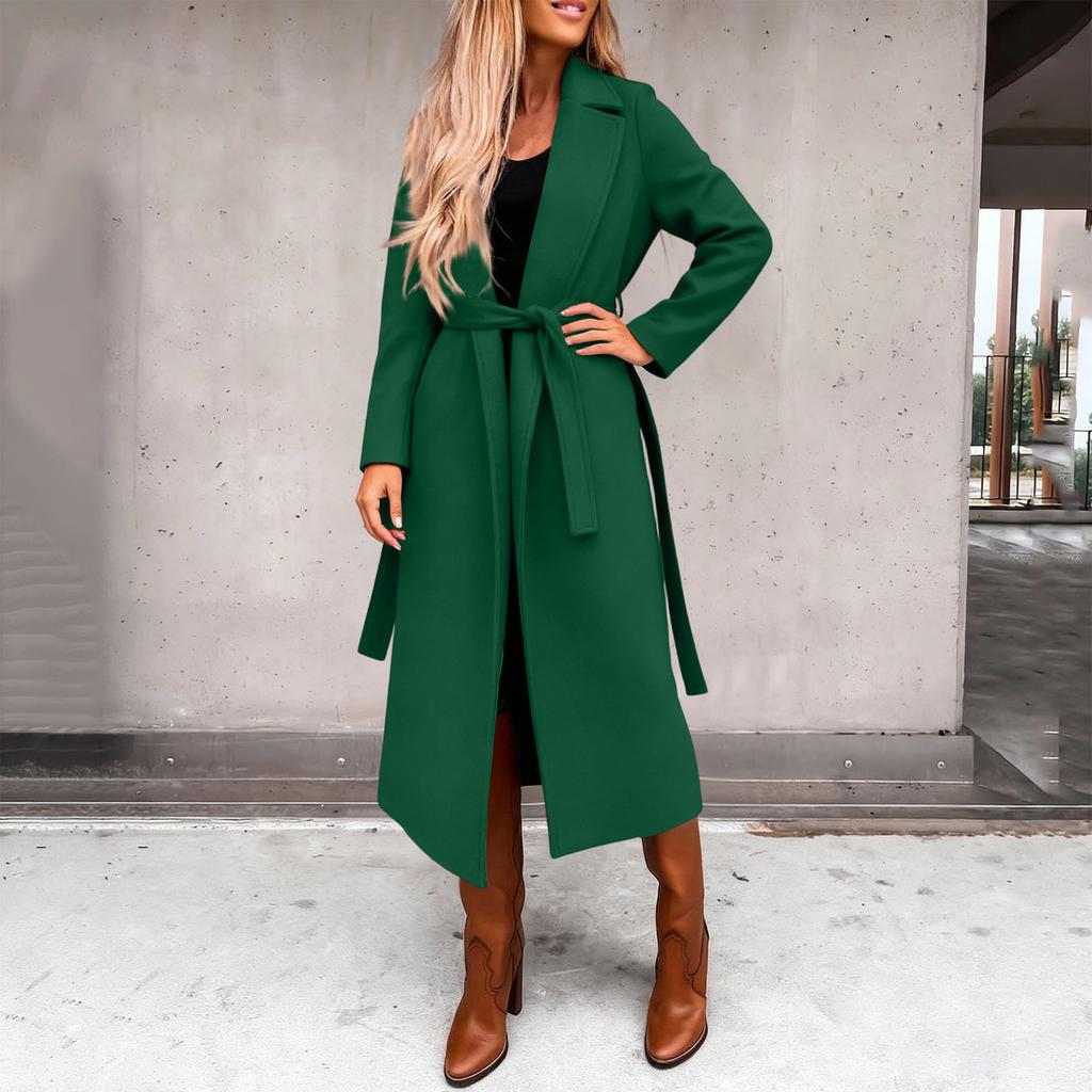 Damen Casual Mode Einfarbig Langärmlig V-Ausschnitt Bindegürtel Langer Wollmantel