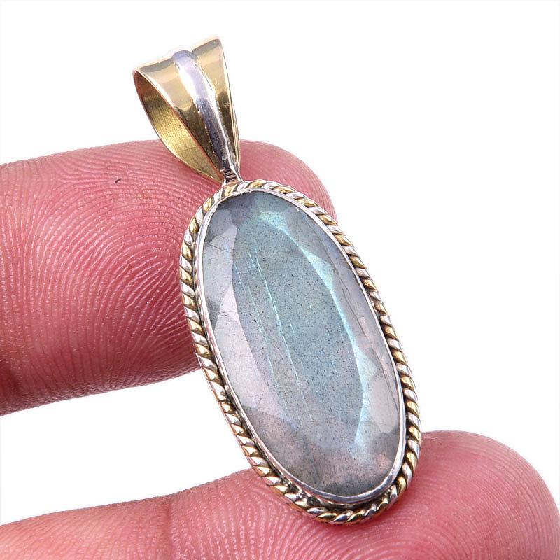 

Natural Labradorite 925 Solid Sterling Silver Jewelry TwoTone Pendant 1.50 Y2w35