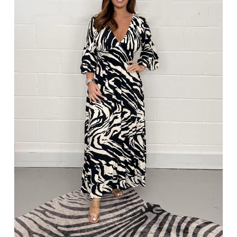 Autumn Women's Plus Size Casual Medium Long Sleeve Long Temperament V-Neck Waisted Loose Dress