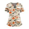 Women V Neck Short Sleeve Split Hem Halloween Print Scrub Top with Dual Pockets for Nurse and Caregiver Uniform