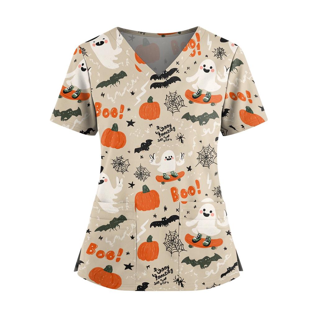 Women V Neck Short Sleeve Split Hem Halloween Print Scrub Top with Dual Pockets for Nurse and Caregiver Uniform