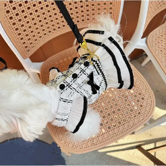 Elegant Tweed Style Dog Dress Harness Set Summer Pet Clothes with Leash for Small Dogs Cats Puppy 1-3 Set