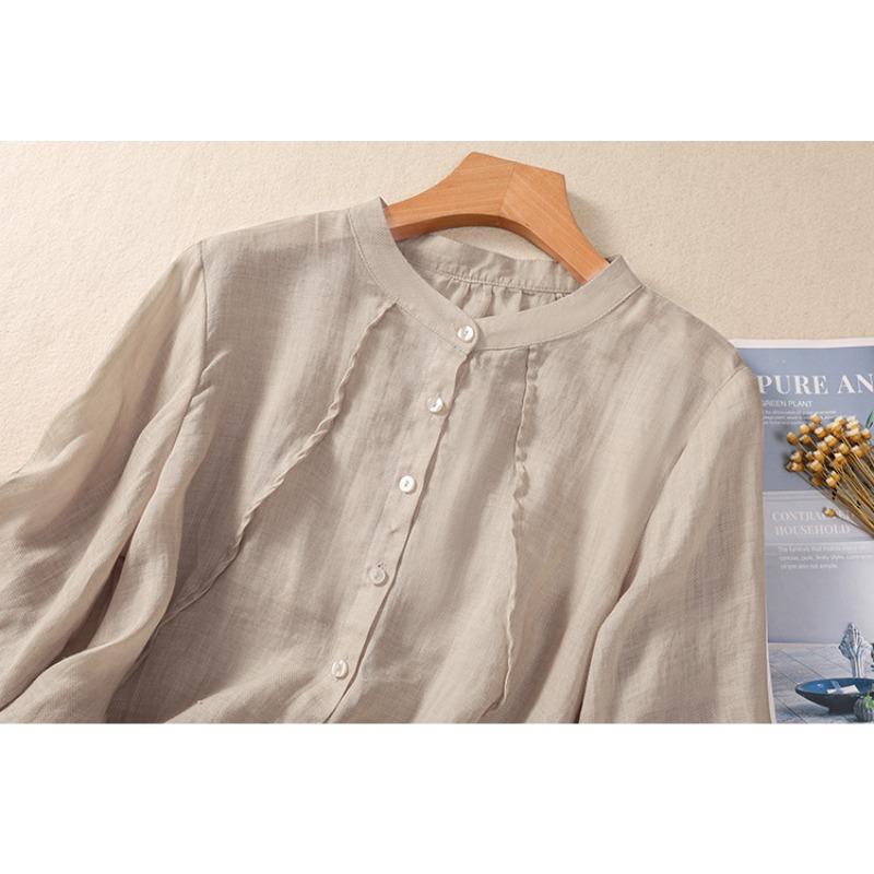 Summer Shirt Art Retro Loose Solid Color Stand Collar Short Sleeve Blouses Women's Shirt Top