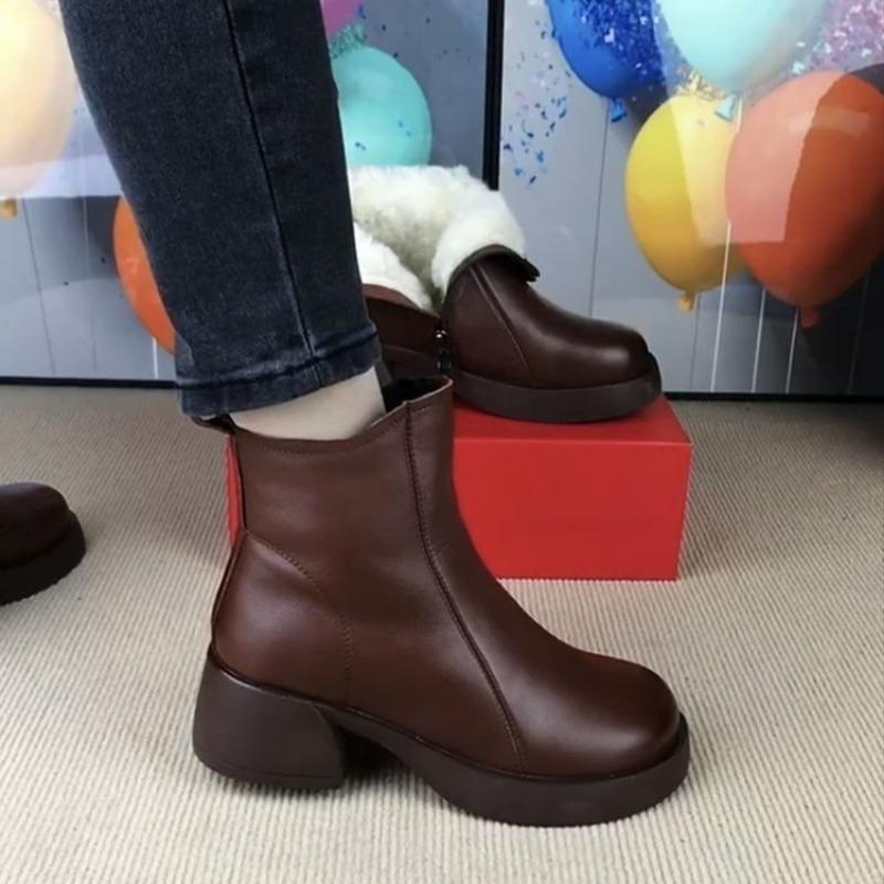 

Кожаные ботинки, Водонепроницаемые хлопковые ботинки на толстом каблуке, Женская обувь 40 коричневый
