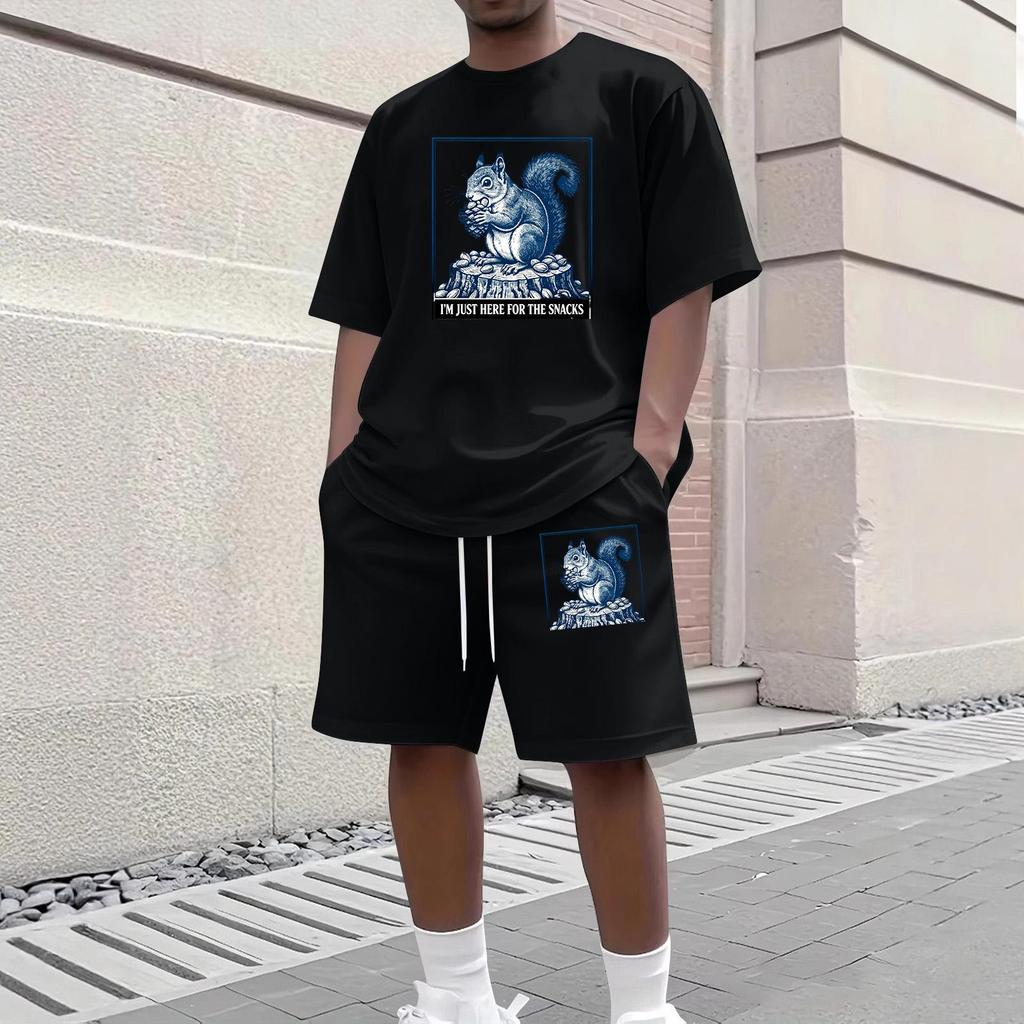 Men Casual Two Piece Set Short Sleeve Crew Neck Top and Shorts with Animal Print Graphic Loose Fit Summer Daily Wear