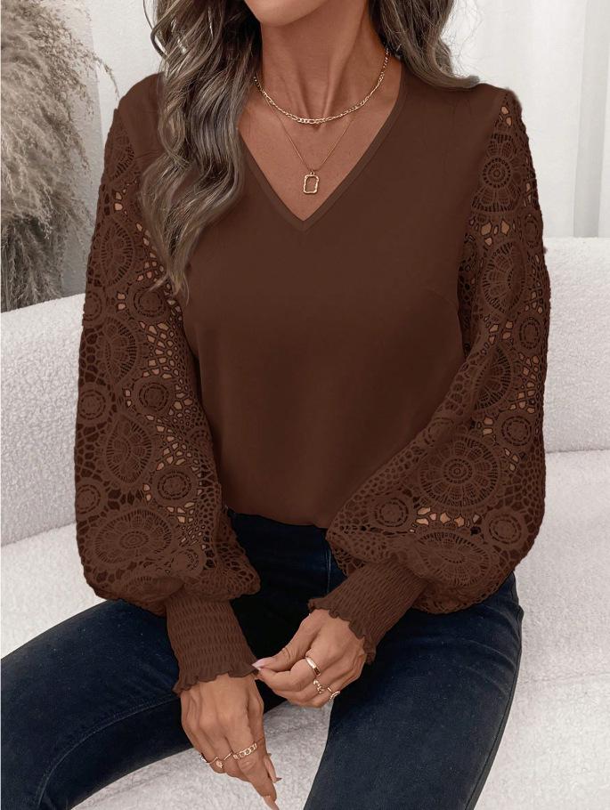 V-Neck Lace Sleeve Women's Pullover Shirt - Available In White, Black, and Dark Red