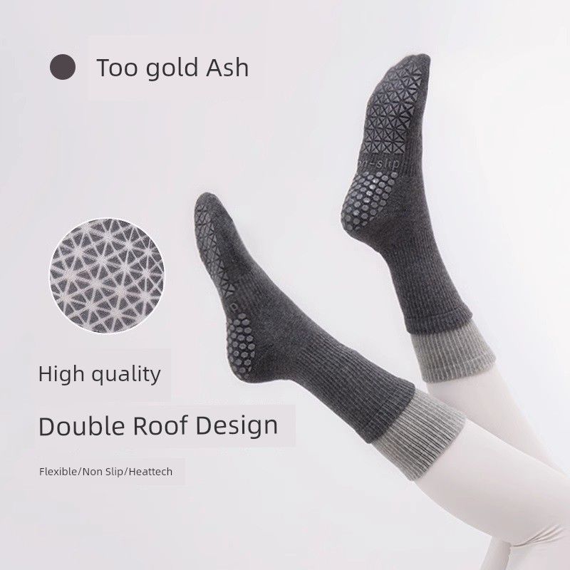 

Yoga Socks Professional Silicone Non-Slip Double Layer Tube Socks Sweat-Absorbent Deodorant Pilates Sports Room Socks Fitness Socks Double layer-too Gold Gray/free size 35-40