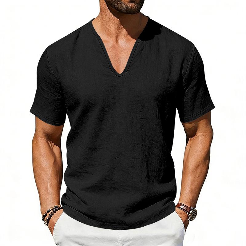 Men S Summer Linen Short Sleeve V Neck Loose Fit Casual T Shirt S чёрный