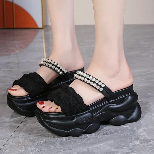 

Модные 8 см пляжные шлепанцы для женщин тапочки женская обувь лето 2024 новые летние плоские тапочки женские толстые женские шлепанцы 39 чёрный