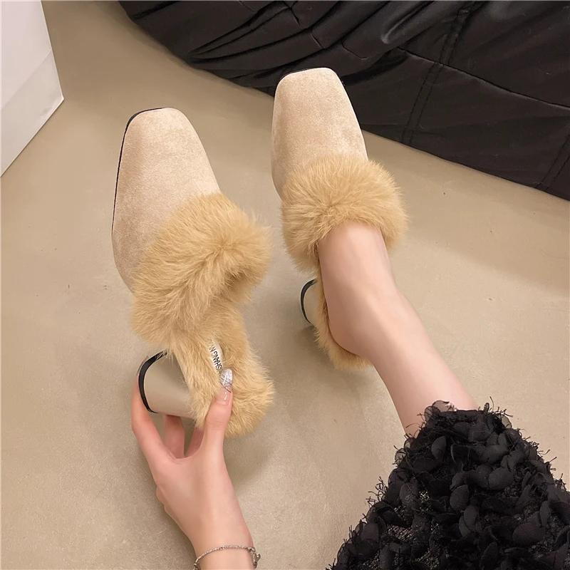 Fashion Home Furry Fur Slides Plush Slippers Fluffy Flip Flops Luxury High-heeled Shoes Women Fashion Shoe 2025 Zapato De Mujer Designer