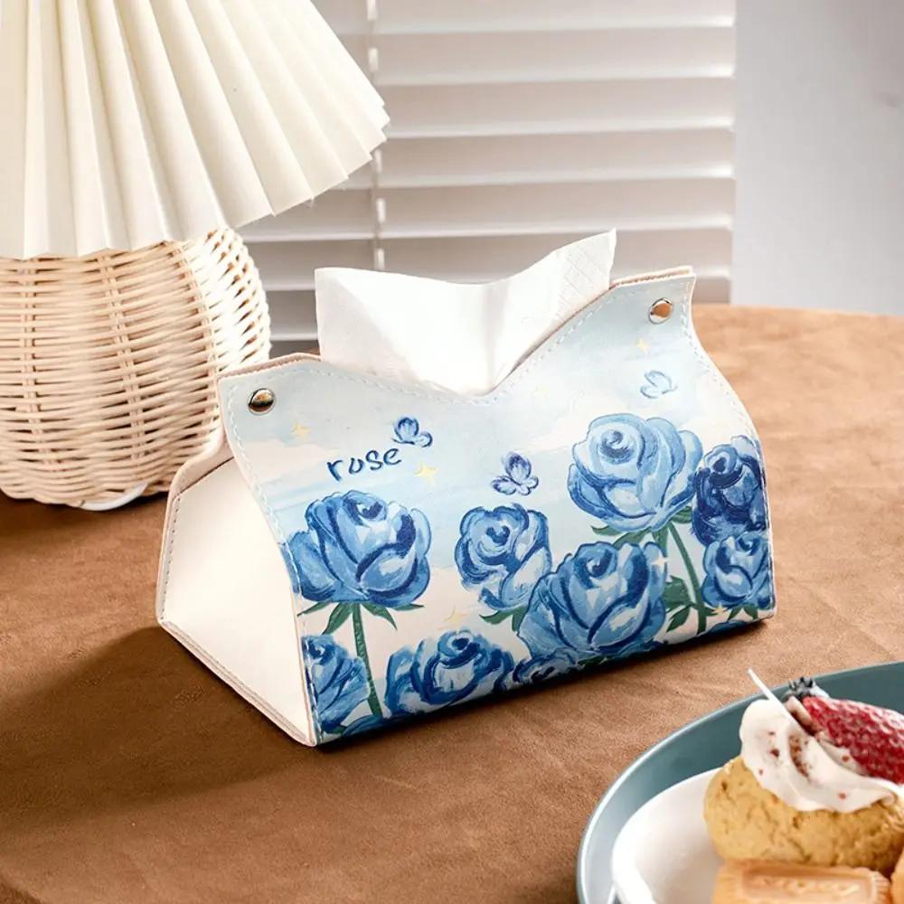 High Quality Oil Painting Tissue Case with Buttons Smooth Napkin Holder Leather Printing Paper Towel Box Home