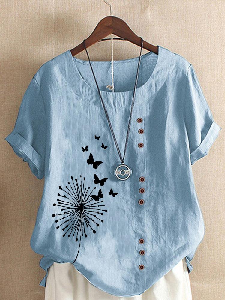 Large casual loose butterfly print short sleeved pullover T-shirt retro cotton and linen women's clothing