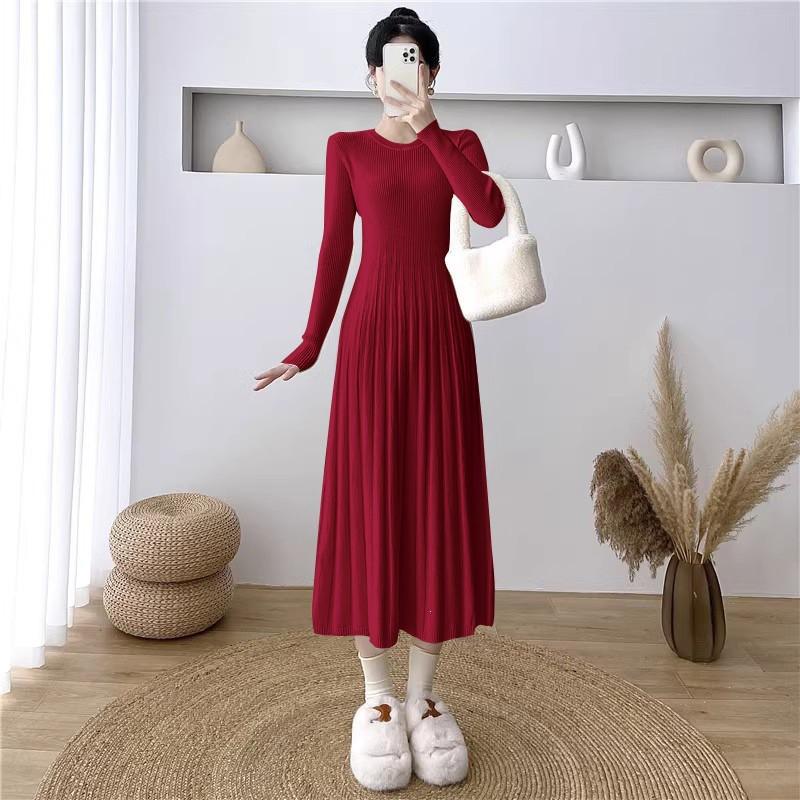 Womens Long Sleeve Knit Dress With Pleated Skirt Slim Fit Mid-Length Sweater Winter 2026