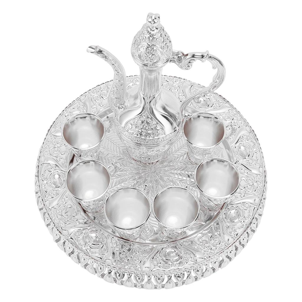 Vintage Wine Pot Set European Retro Coffee Pot Tray Kit Decorative Zinc Alloy Exquisite Carving Wine Cups for Home Party Dinner