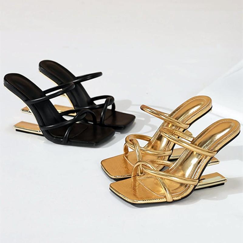 Fashion Liyke Fashion Chic Metal Fretwork Wedges Slippers Women Cozy Leather Narrow Band Summer Shoes Gold High Heels Gladiator Sandals