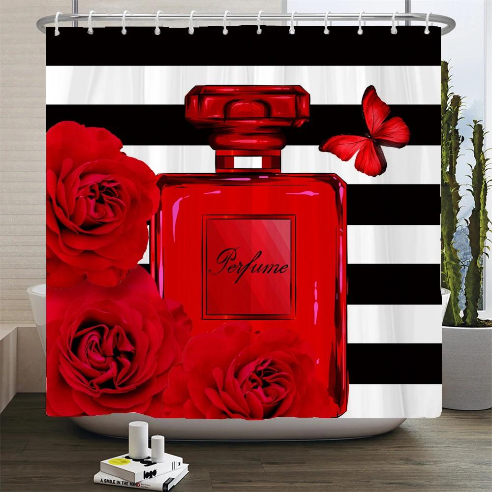 Perfume Bottle Flower Shower Curtain Set Black White Stripes Fashion Girl Woman Bathroom Decor Polyester Bath Curtains Hooks