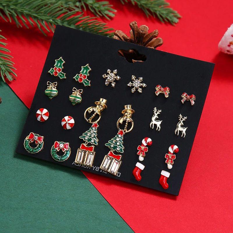 Christmas Tree Snowman Earrings Set for Women Cute Candy Cane Santa Elk Stud Earrings Friendship New Year Jewelry Gifts