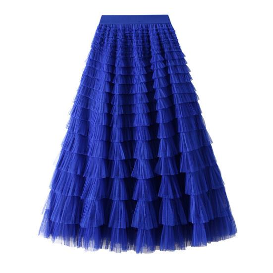 Cake Skirt Elastic High Waist A-Line Skirt Pure Color Multi Layer Ruffle Trim Mesh Hem Midi Skirt Work Leisure Wear