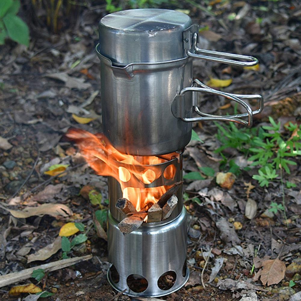 Stainless Steel Portable Camping Stove With Mesh Pouch Cooking Pot Set Outdoor Cooking