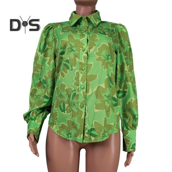 Damska koszula z klapami, bufiastymi rękawami, topy z kwiatowym nadrukiem, jednorzędowa, luźna, cienka bluzka odzież robocza