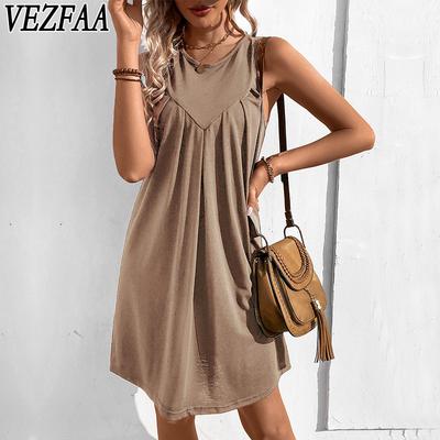 Women's Fashion Summer Spring Solid Color Print Sleeveless O-Neck Loose Waistline Casual Dresses