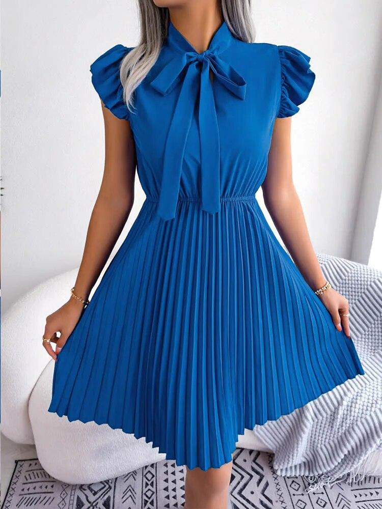 Summer Kawaii Cute 2024 Femme Office Lady Dresses A-line Party Clubwear Half Open Pleated Mini Sundress Bowknot Women Dress H215