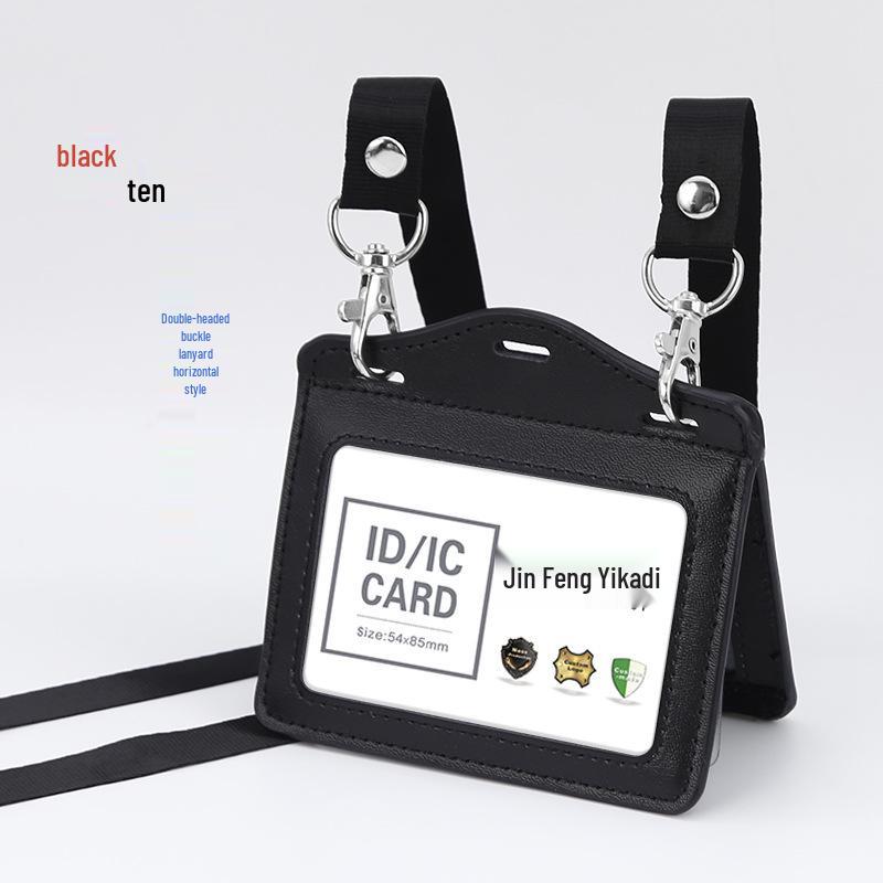 Genuine Leather Work ID Holder with Lanyard, Four Card Slots, Employee Badge Neck Strap.